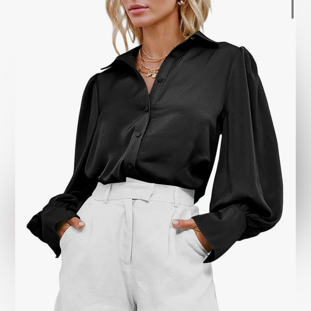 NWT Women’s Black Satin Button Down Shirt. Size Medium.